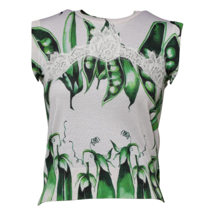 Dolce & Gabbana Women's Sleeveless Round Neck Cotton Viscose Nylon & Silk Blouse - Green White Print