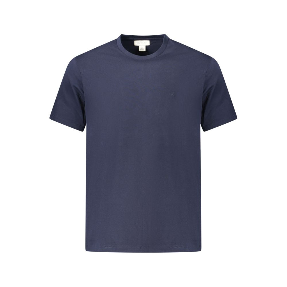 T-Shirt by Calvin Klein for men in cotton blue showcases a dramatic silhouette, elegantly detailed with a dramatic crew neckline and short-sleeve for a truly dramatic finish.