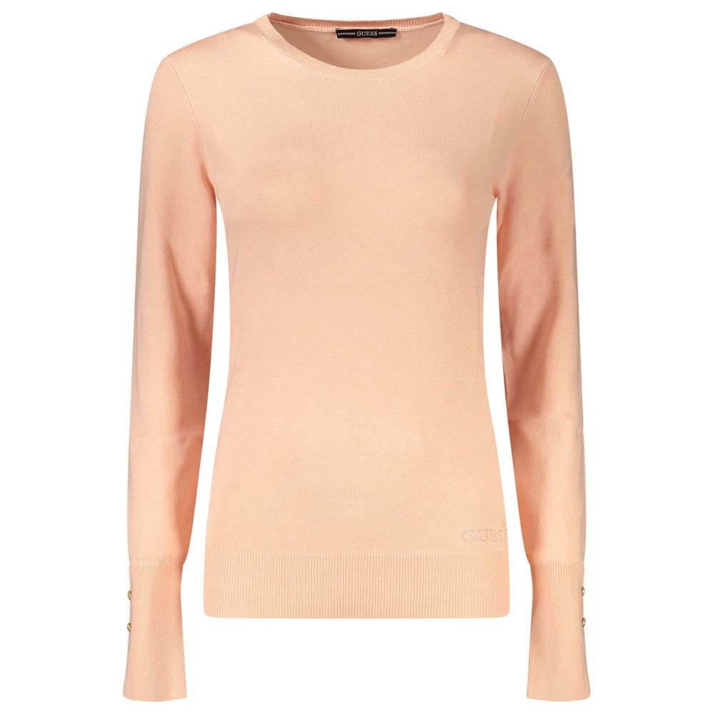 Sweater by Guess Jeans for women in viscose & rhinestone pink showcases a discreet silhouette, finished with a discreet crew neckline and for a discreet look.
