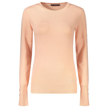 Sweater by Guess Jeans for women in viscose & rhinestone pink showcases a discreet silhouette, finished with a discreet crew neckline and for a discreet look.