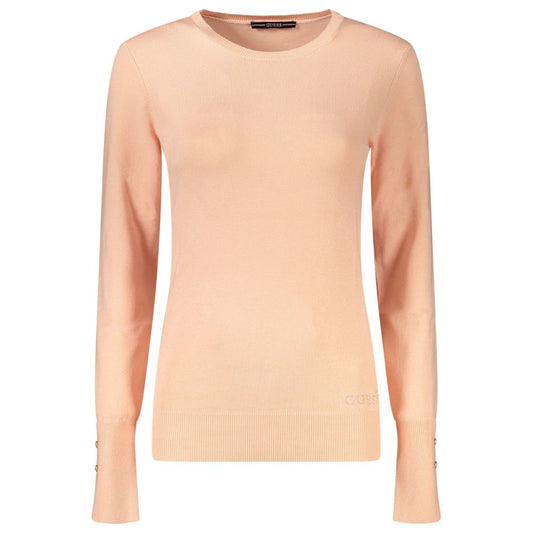 Sweater by Guess Jeans for women in viscose & rhinestone pink showcases a discreet silhouette, finished with a discreet crew neckline and for a discreet look.
