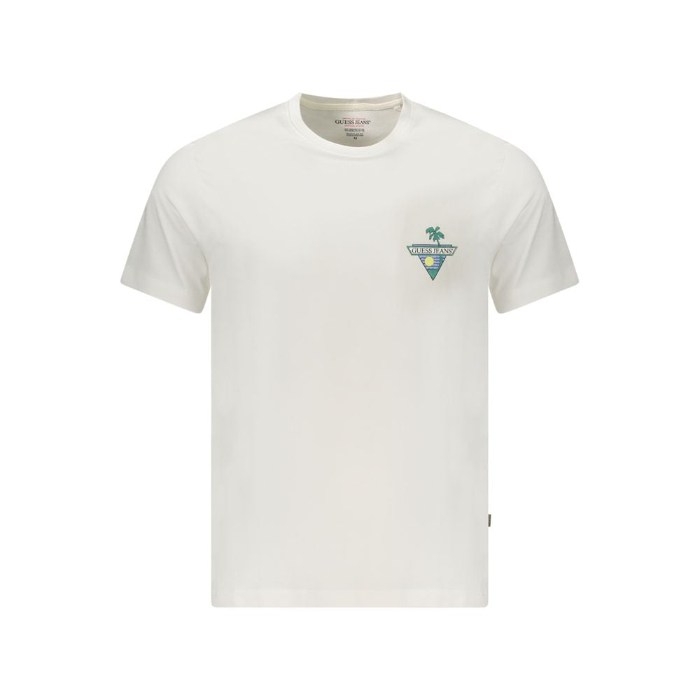 T-Shirt by Guess Jeans for men in organic cotton white & print showcases a chic silhouette, artfully detailed with a chic crew neckline and short-sleeve for a chic finish.