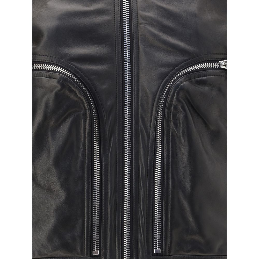 Bomber Jacket by Rick Owens for men in leather black showcases a bohemian silhouette, artfully detailed with a bohemian and signature pockets for a truly bohemian finish.