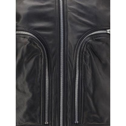 Bomber Jacket by Rick Owens for men in leather black showcases a bohemian silhouette, artfully detailed with a bohemian and signature pockets for a truly bohemian finish.