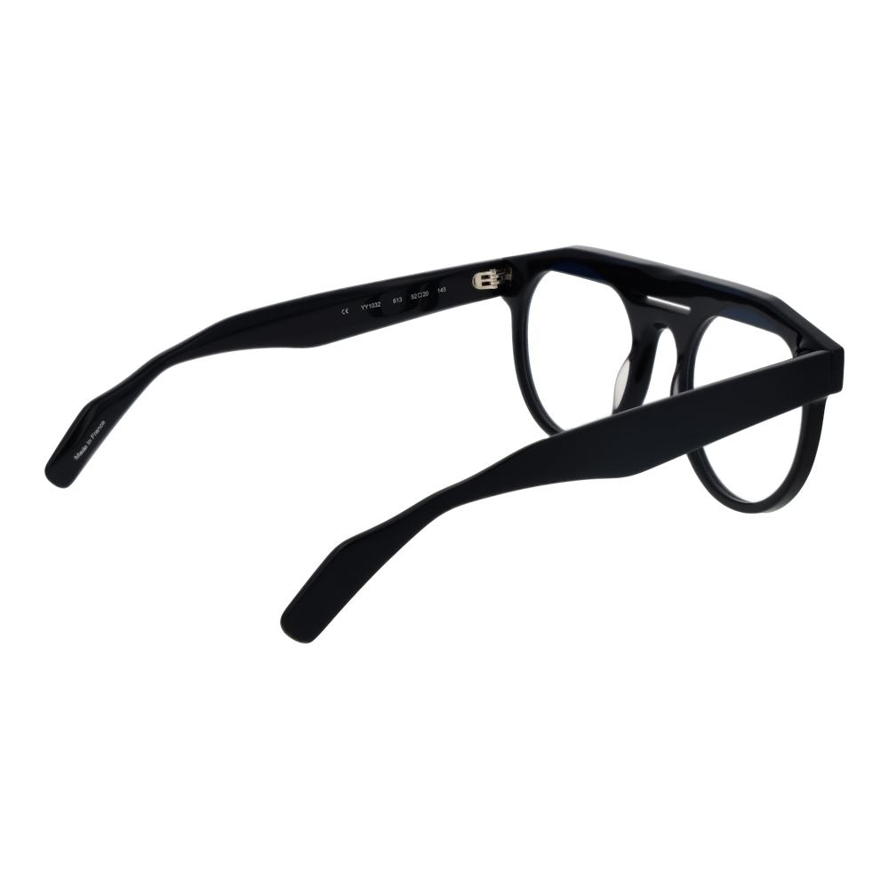 Eyeglasses Frames by Yohji Yamamoto for men in plastic black showcases a reflective silhouette, artfully incorporating a sophisticated black coloured frame with a distinct full-frame frame design.