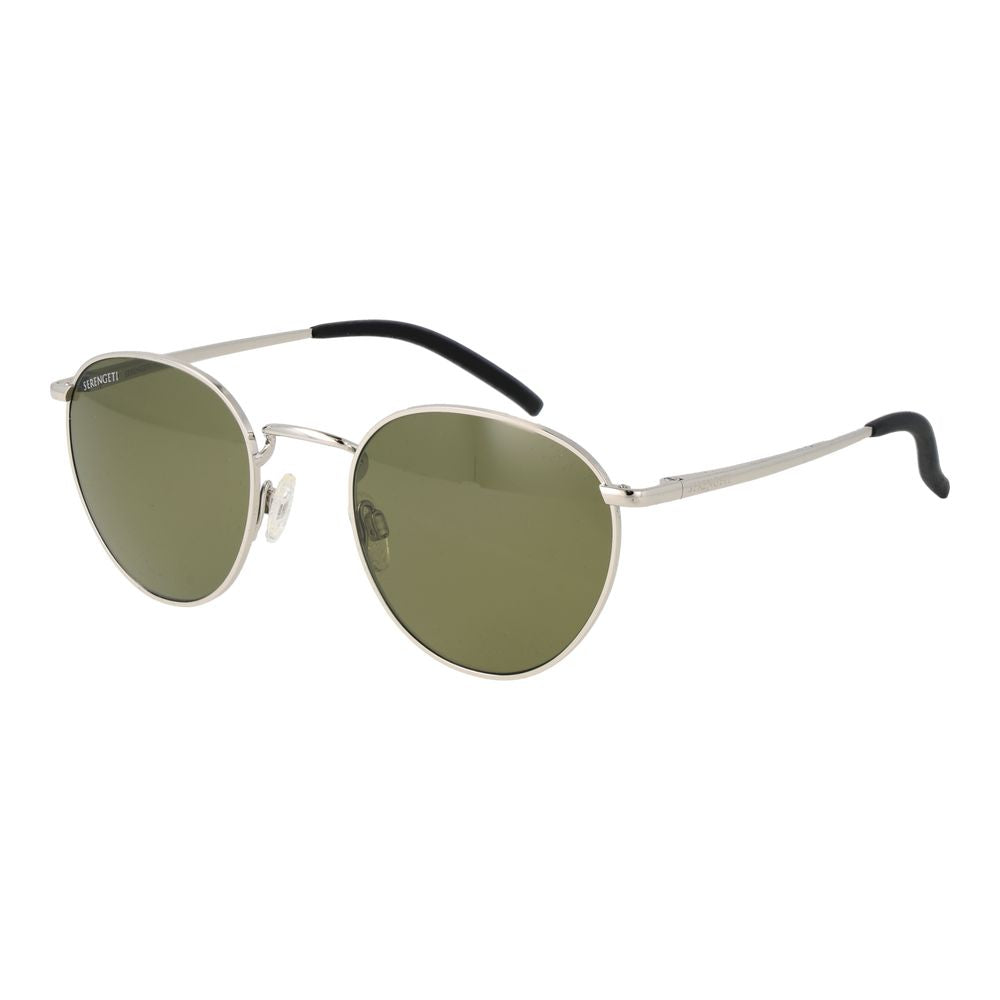 Sunglasses by Serengeti for unisex in metal silver showcases a ethereal silhouette, featuring silver coloured frame full-rim round frame design with photochromatic polarized category-3-dark-tint lens for a ethereal finish.