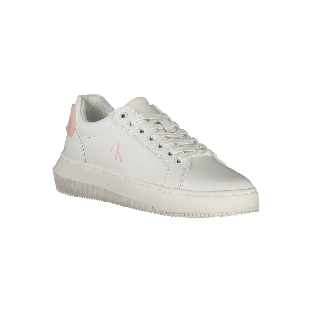 Sneakers by Calvin Klein for women in polyester polyurethane leather pink & white presents a sumptuous silhouette from the Women's Low Top Polyester Polyurethane Leather Sneakers collection, showcasing a sumptuous low-top style for an elevated aesthetic.