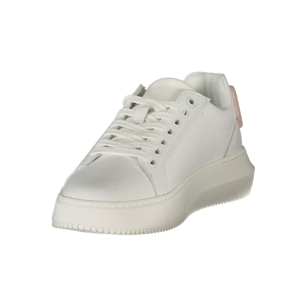 Sneakers by Calvin Klein for women in pink & white features an sumptuous design from the Women's Low Top Polyester Polyurethane Leather Sneakers collection, highlighting a sumptuous low-top style for a premium, high-fashion look.