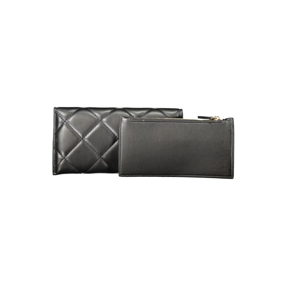 Wallet by Mario Valentino for women in black & signature presents a refined silhouette, artfully capturing the essence of the Polyethylene & Polyurethane Wallet design with sophisticated coin-purse for a refined look.