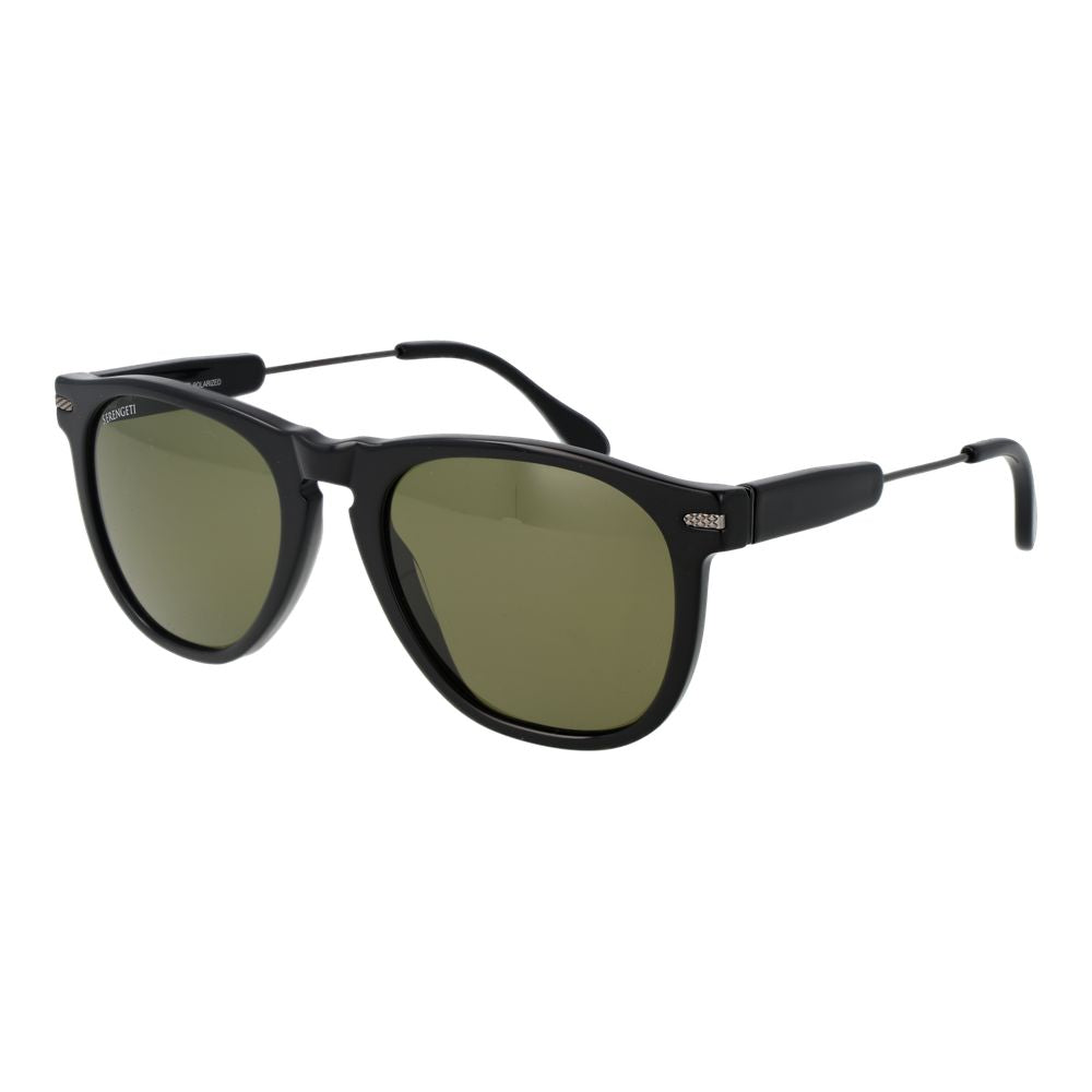 Sunglasses by Serengeti for men in metal and black featuring an opulent rectangle full-rim frame design with a sophisticated black coloured frame finish and high-performance photochromatic polarized category-3-dark-tint lens.