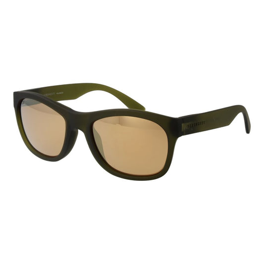 Sunglasses by Serengeti for unisex in plastic green features an ethereal rectangle full-rim frame design with green coloured frame frames and mirrored polarized category-2-medium-tint lens for a ethereal finish.