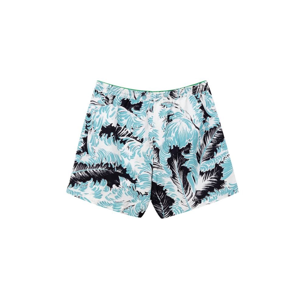 Swim Shorts by Bottega Veneta for men in polyamide & mesh white & print features an dramatic silhouette that defines the luxurious aesthetic and refined cut of the Men's Polyamide & Mesh Swim Shorts.
