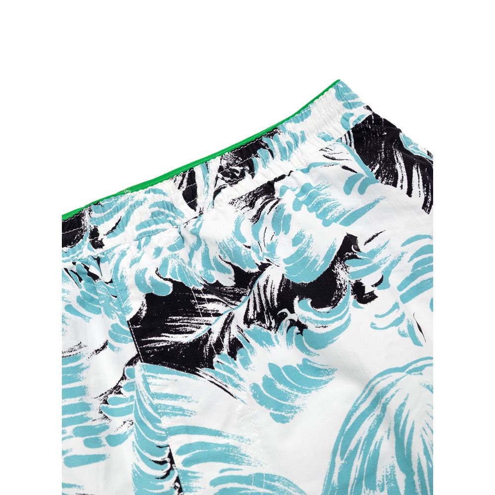 Swim Shorts by Bottega Veneta for men in polyamide & mesh and white & print showcases a sinuous silhouette, expertly cut for a sinuous fit as part of the Men's Polyamide & Mesh Swim Shorts collection.