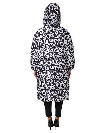 Dolce & Gabbana Black White DG Mania Hooded Long Coat Jacket