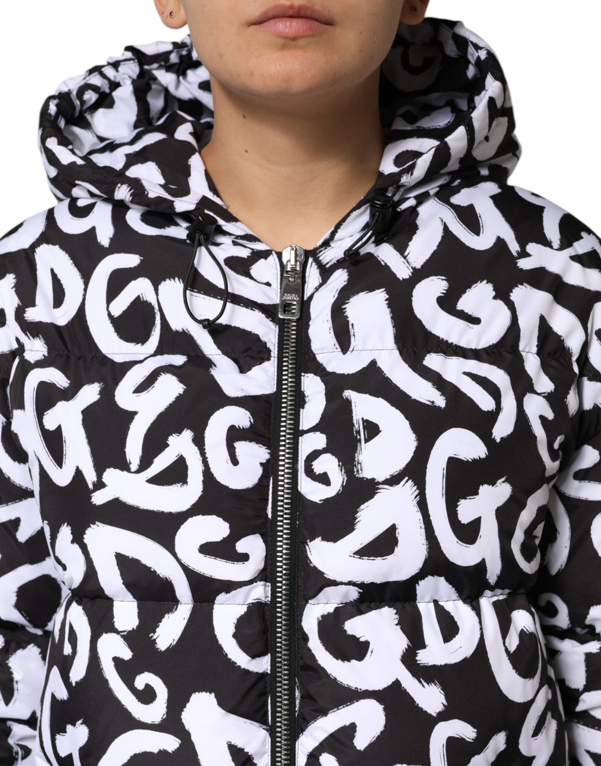 Dolce & Gabbana Women's Polyester Hooded Puffer Jacket - Black White