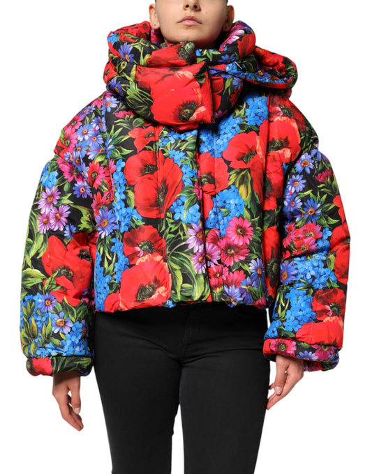 Dolce & Gabbana Women's Polyester Hooded Puffer Jacket - Multicolor Floral