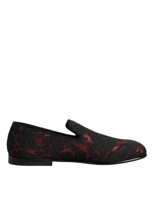 Dolce & Gabbana Men's Leather Loafer Slip-On Shoes - Black Red Floral Jacquard