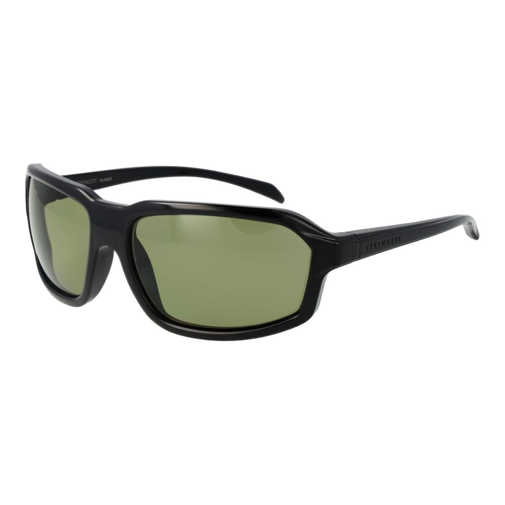 Sunglasses by Serengeti for men in plastic black features an lustrous rectangle full-rim frame design with black coloured frame detailing and photochromatic polarized category-2-medium-tint lens for a lustrous aesthetic.