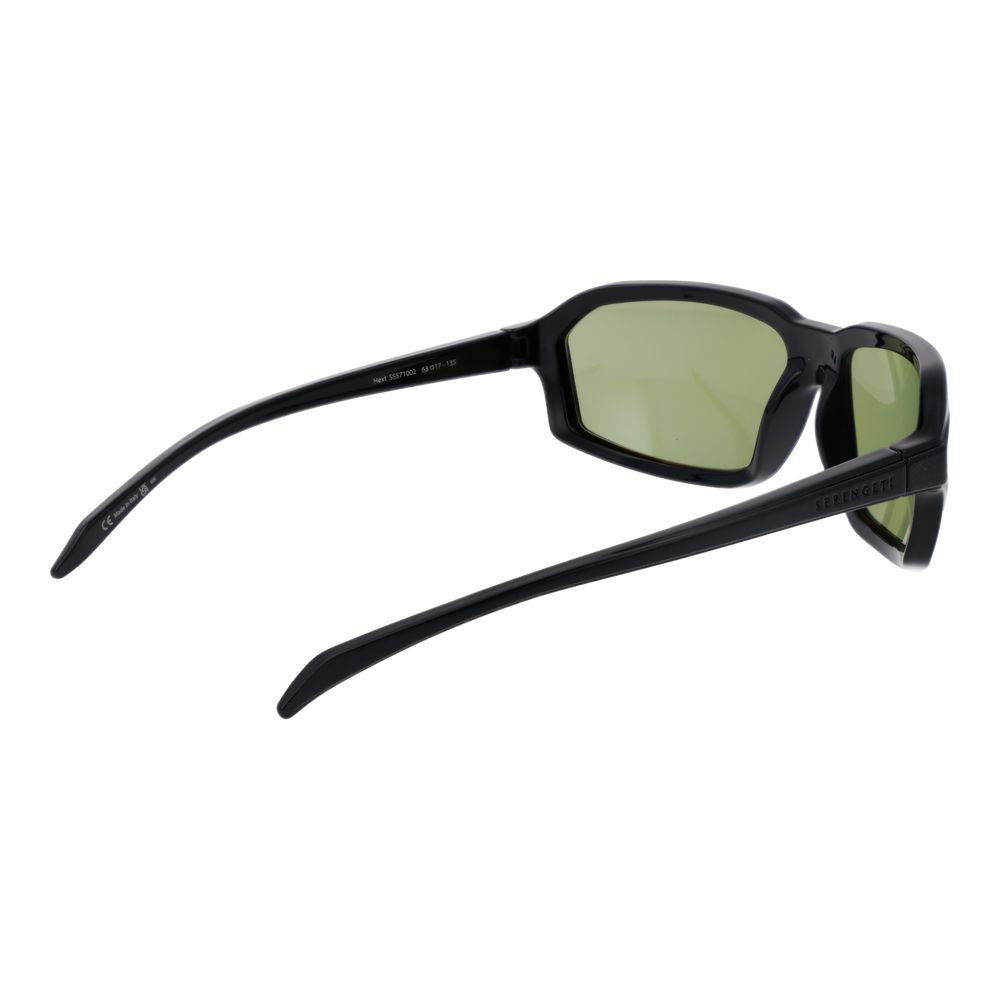 Sunglasses by Serengeti for men in plastic and black featuring an opulent rectangle full-rim frame design with a sophisticated black coloured frame finish and high-performance photochromatic polarized category-2-medium-tint lens.
