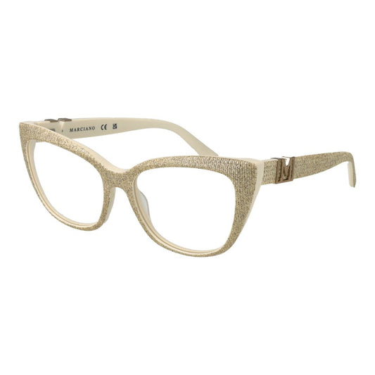 Eyeglasses Frames by Marciano by Guess for women in acetate gold showcases a reflective silhouette, artfully incorporating a sophisticated gold coloured frame with a distinct full-frame frame design.