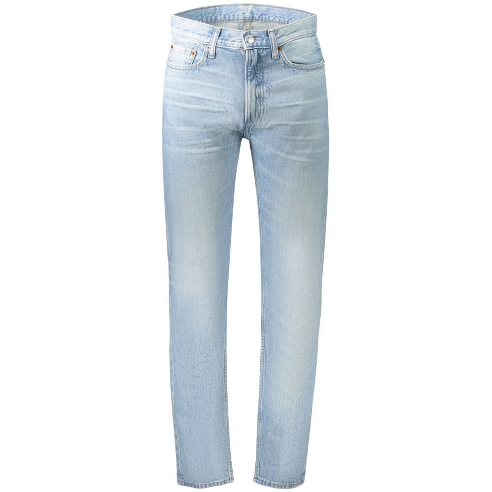 Jeans by Calvin Klein for men in cotton blue features a refined silhouette with a refined straight-leg, defined by a and a refined long for a refined finish.