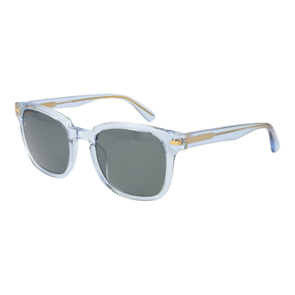 Sunglasses by Serengeti for unisex in acetate and blue presents a sumptuous silhouette, featuring blue coloured frame and full-rim square frame design with photochromatic polarized category-2-medium-tint lens for a sumptuous look.