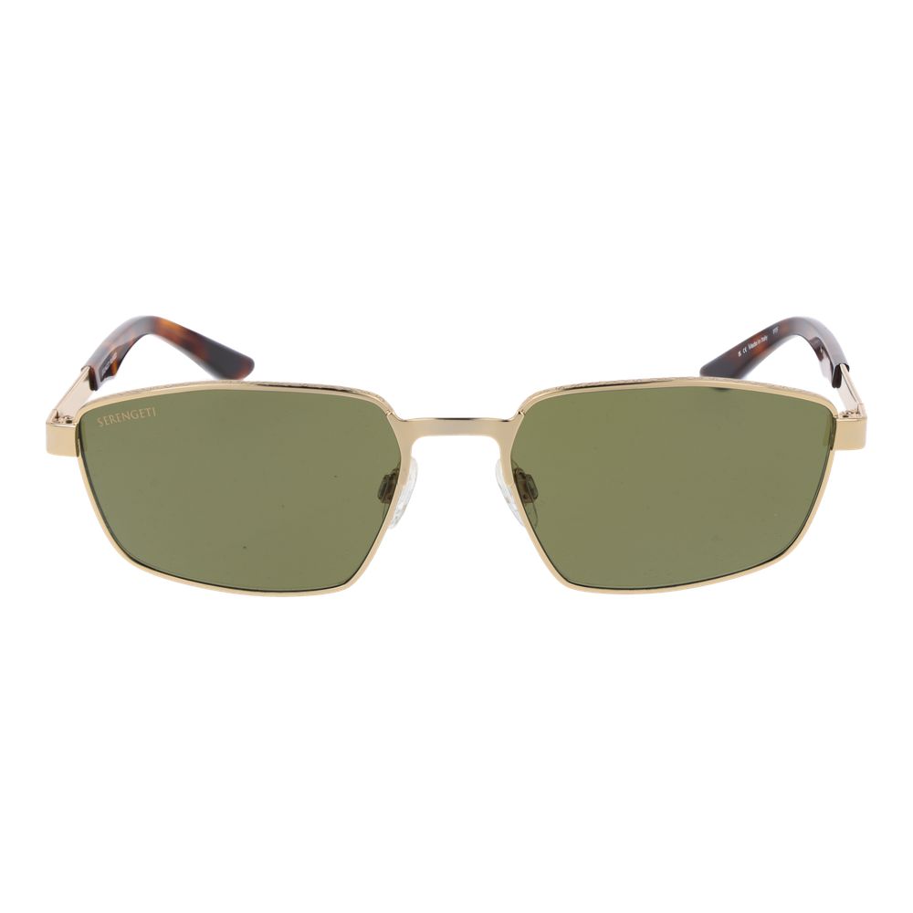 Sunglasses by Serengeti for men in metal and gold presents a sumptuous silhouette, featuring gold coloured frame and rectangle full-rim frame design with photochromatic polarized category-3-dark-tint lens for a sumptuous look.
