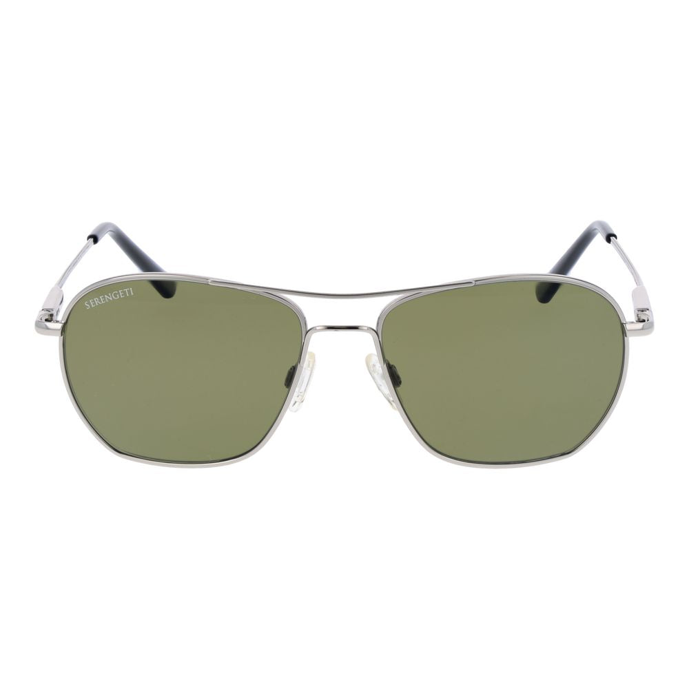 This Sunglasses by Serengeti for unisex in metal silver presents a sumptuous silhouette, showcasing a sumptuous aviator full-rim frame design in silver coloured frame and high-performance photochromatic polarized category-3-dark-tint lens.