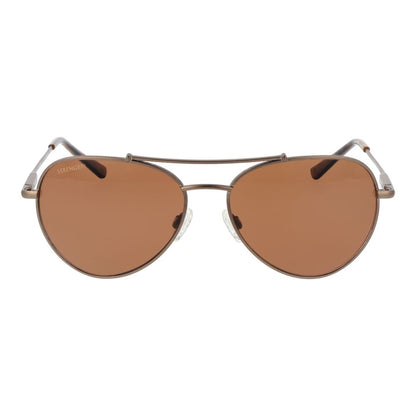 Sunglasses by Serengeti for unisex in metal and brown presents a sumptuous silhouette, featuring brown coloured frame and aviator full-rim frame design with photochromatic polarized category-2-medium-tint lens for a sumptuous look.