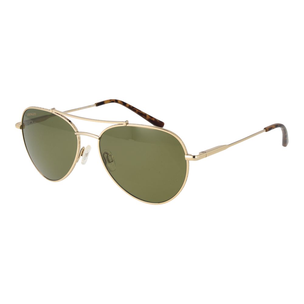 Sunglasses by Serengeti for unisex in metal and gold featuring an opulent aviator full-rim frame design with a sophisticated gold coloured frame finish and high-performance photochromatic polarized category-3-dark-tint lens.