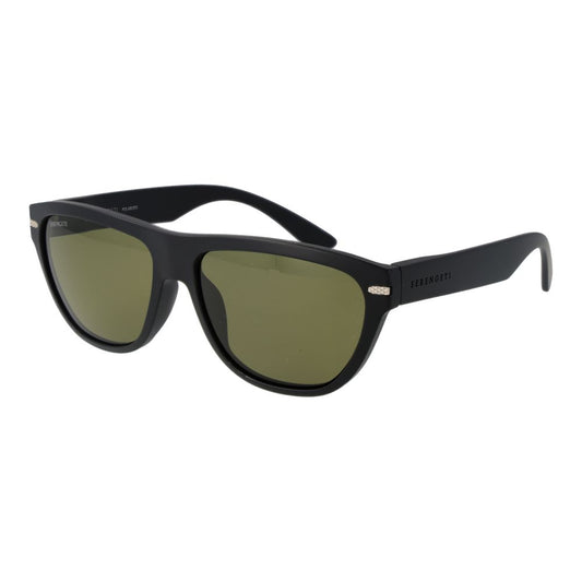Sunglasses by Serengeti for unisex in eco-nylon black features an lustrous rectangle full-rim frame design with black coloured frame detailing and polarized category-3-dark-tint lens for a lustrous aesthetic.