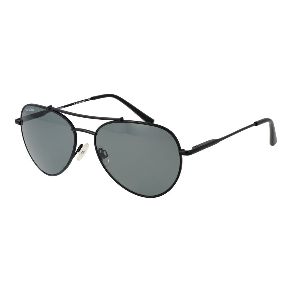 Sunglasses by Serengeti for unisex in metal black features an lustrous aviator full-rim frame design with black coloured frame detailing and polarized category-2-medium-tint lens for a lustrous aesthetic.