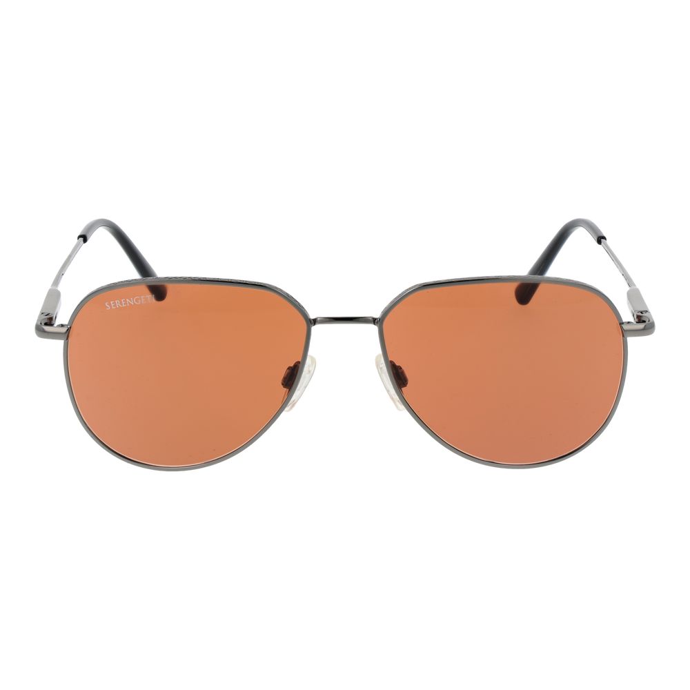 Sunglasses by Serengeti for men in metal gray showcases a ethereal silhouette, featuring gunmetal coloured frame aviator full-rim frame design with photochromatic category-2-medium-tint lens for a ethereal finish.