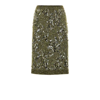 Skirt by Gucci for women in wool viscose sequins military-green showcases a sultry silhouette, elegantly defined by its knee and the sophisticated sultry design of the Women's Wool Viscose Sequins Skirt.