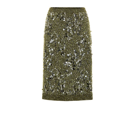 Skirt by Gucci for women in wool viscose sequins military-green showcases a sultry silhouette, elegantly defined by its knee and the sophisticated sultry design of the Women's Wool Viscose Sequins Skirt.