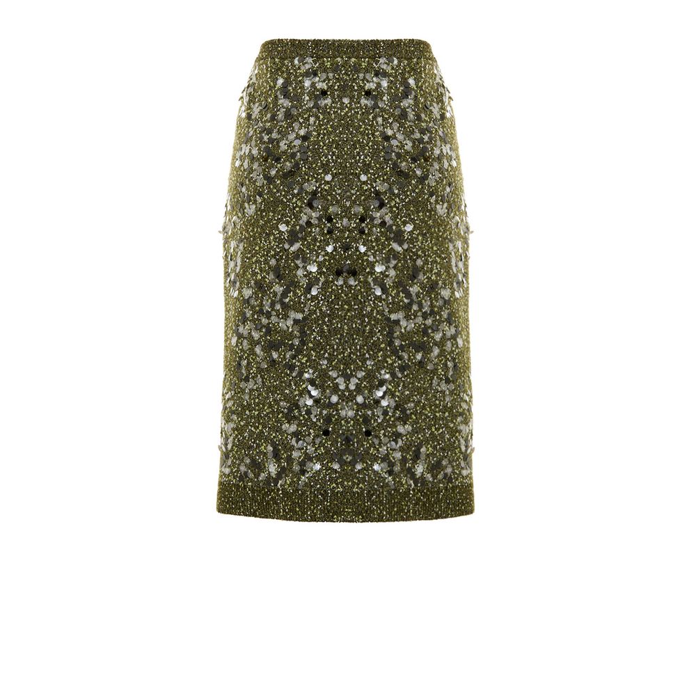 Skirt by Gucci for women in wool viscose sequins military-green features a contoured silhouette from the Women's Wool Viscose Sequins Skirt collection, characterized by its contoured knee for a contoured finish.