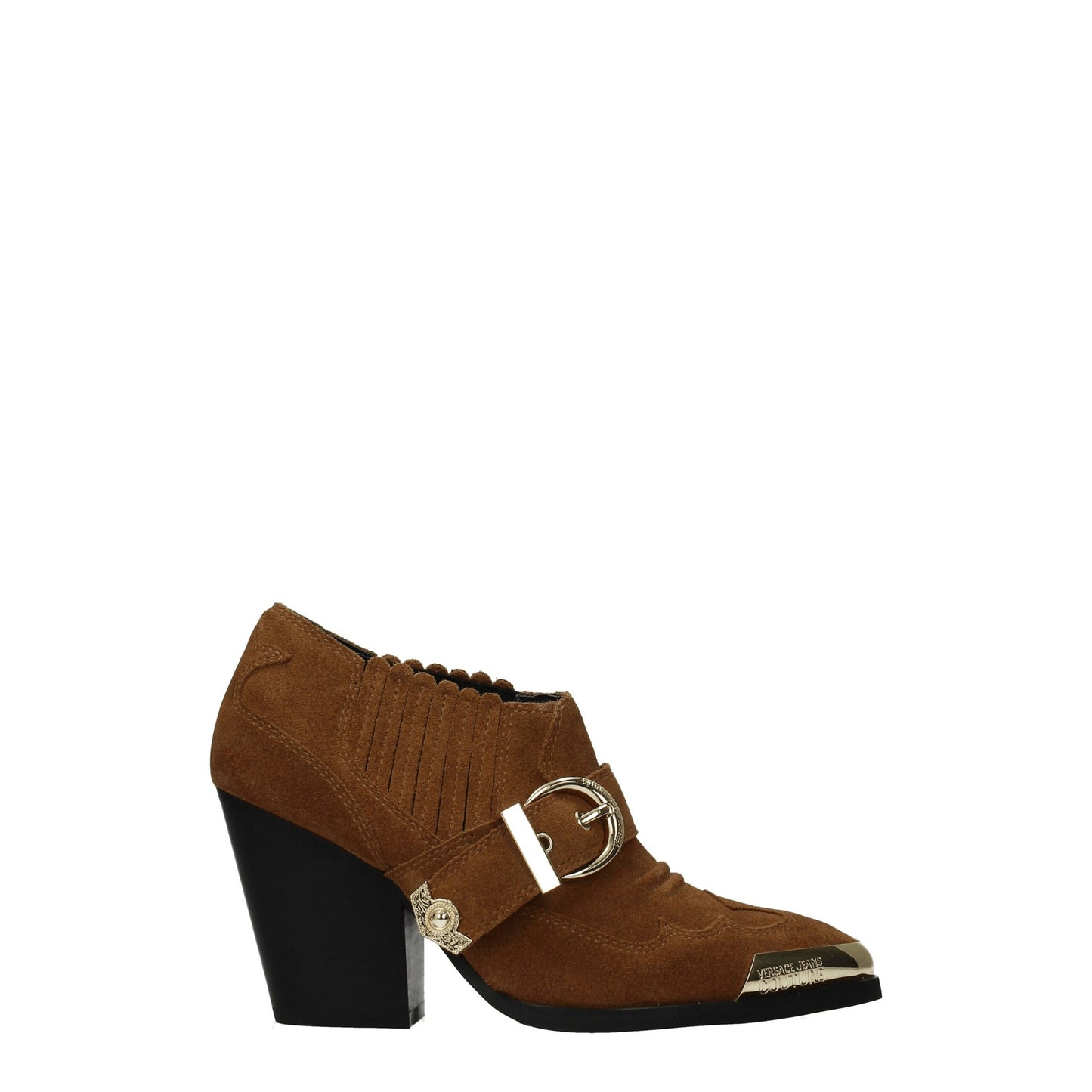 High-Heel Ankle Boots by Versace Jeans for women in suede leather & rubber brown & gold features an high-performance silhouette, showcasing the sophisticated design of the Women's Suede Leather & Rubber High-Heel Ankle Boots with a 8-5-cm-heel high-heel and a refined round toe style.