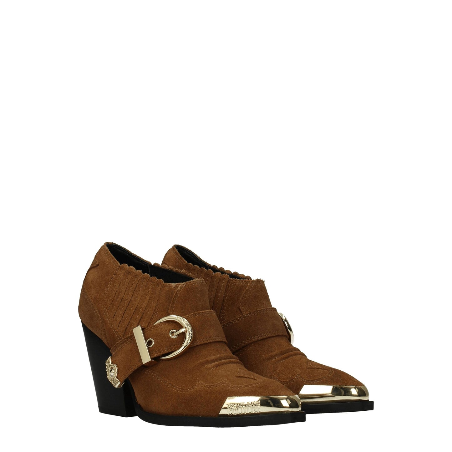 High-Heel Ankle Boots by Versace Jeans for women in suede leather & rubber brown & gold features an effortless chic silhouette from the Women's Suede Leather & Rubber High-Heel Ankle Boots collection, showcasing a effortless chic 8-5-cm-heel high-heel and refined round toe style for an effortless chic look.