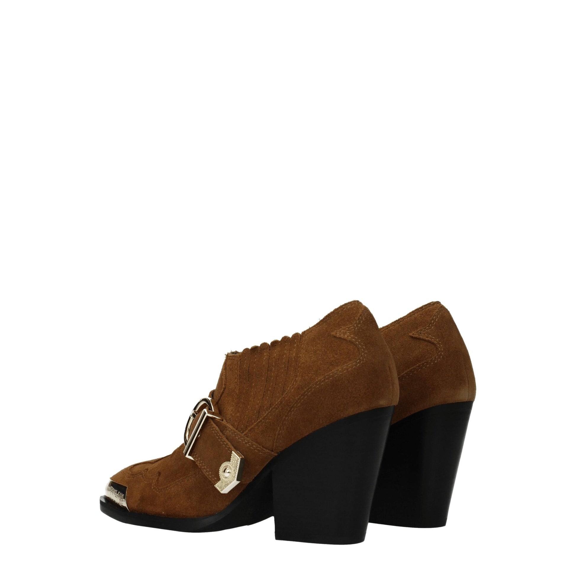 High-Heel Ankle Boots by Versace Jeans for women in suede leather & rubber brown & gold showcases a impeccable silhouette as Women's Suede Leather & Rubber High-Heel Ankle Boots, artfully defined by a impeccable 8-5-cm-heel high-heel and a impeccable round toe style.
