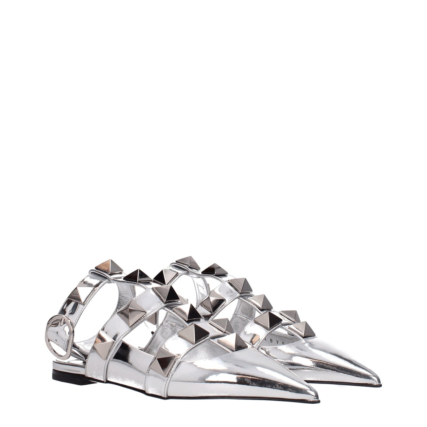 Flat Sandals by Valentino Garavani for women in patent leather gray & silver showcases a sculptural silhouette as Women's Patent Leather Flat Sandals, defined by a sculptural flat and sculptural for a sculptural look.