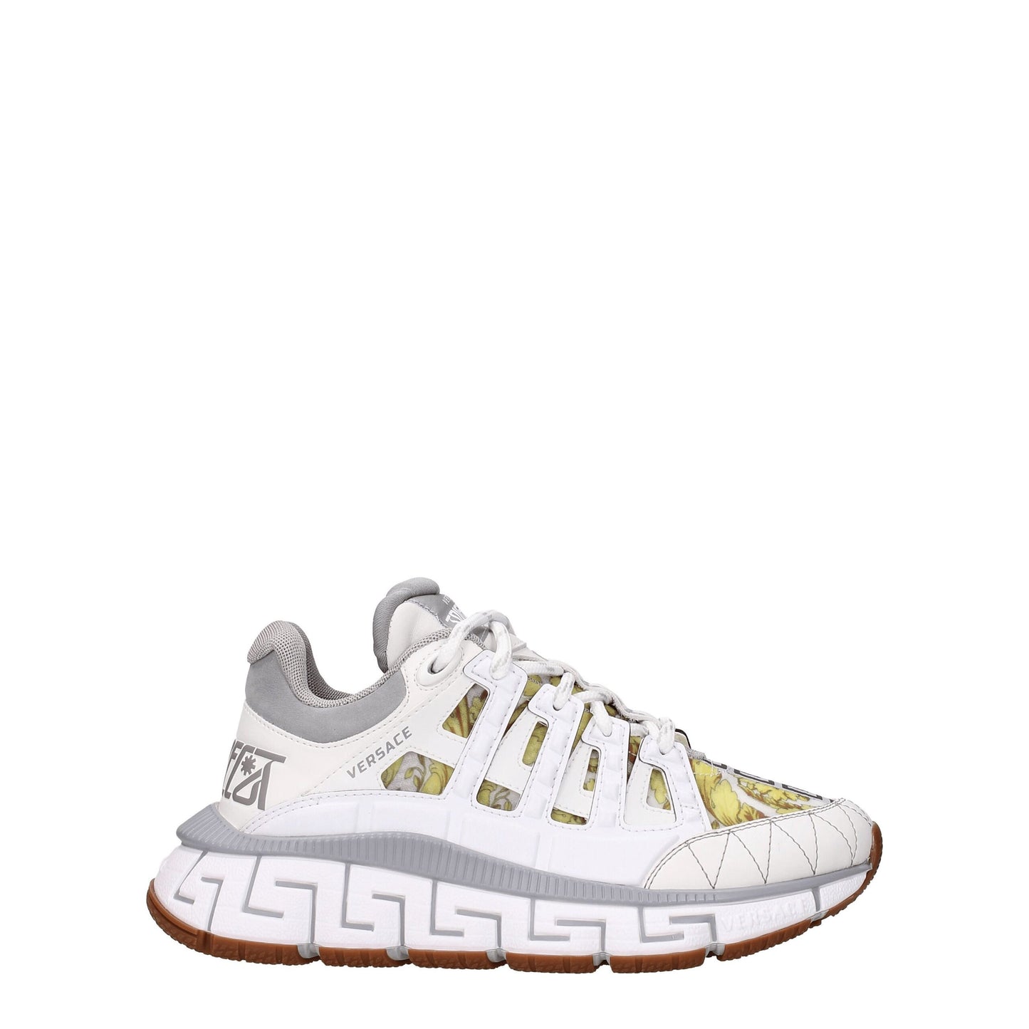 Sneakers by Versace for women in leather & rubber gray & white features a chic design, perfectly showcasing the chic fashion style of this Women's Fashion Leather & Rubber Sneakers.
