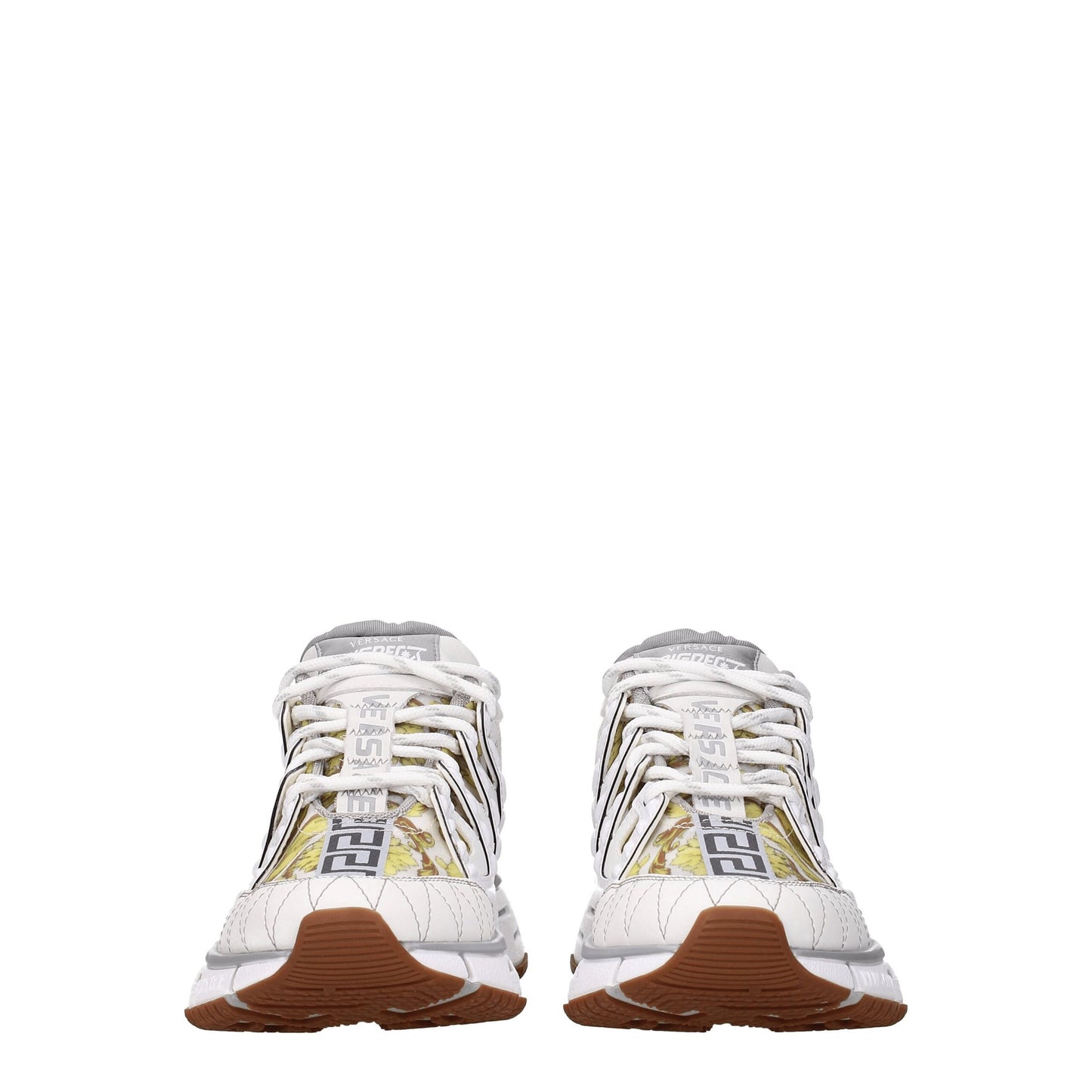 Sneakers by Versace for women in leather & rubber gray & white features an fashionable silhouette, showcasing the premium Women's Fashion Leather & Rubber Sneakers in a fashionable fashion style that offers a fashionable finish for refined style.