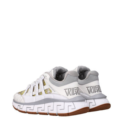 Sneakers by Versace for women in leather & rubber gray & white presents a sumptuous silhouette, artfully capturing the essence of the Women's Fashion Leather & Rubber Sneakers with its sumptuous fashion style design.