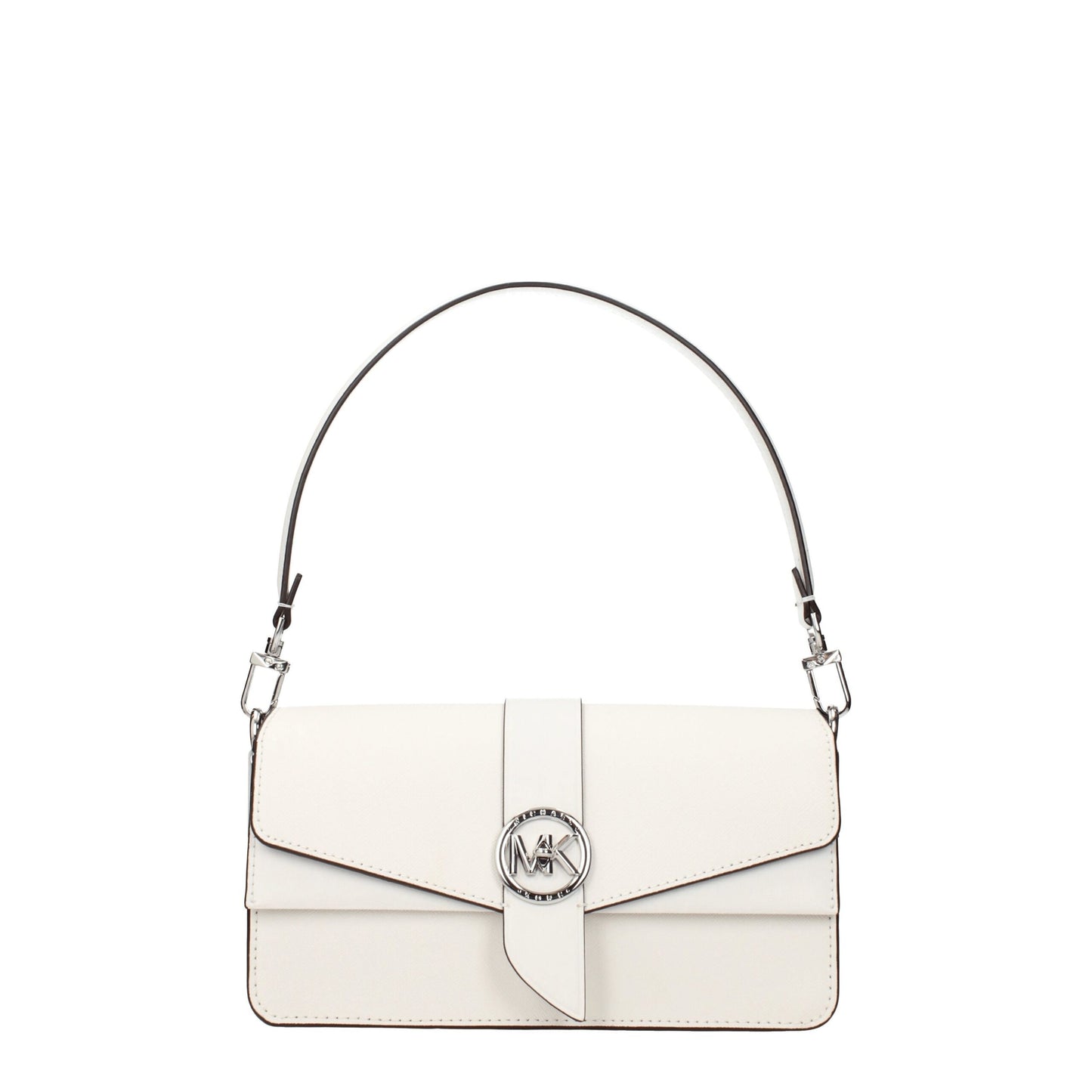 Medium Handbag by Michael Kors for women in leather silver & white presents a ornamental silhouette, showcasing a secure turn-lock, ample built-in-compartments, external-pockets & internal-pockets, and versatile shoulder-strap, adjustable-strap & handle for a ornamental finish.