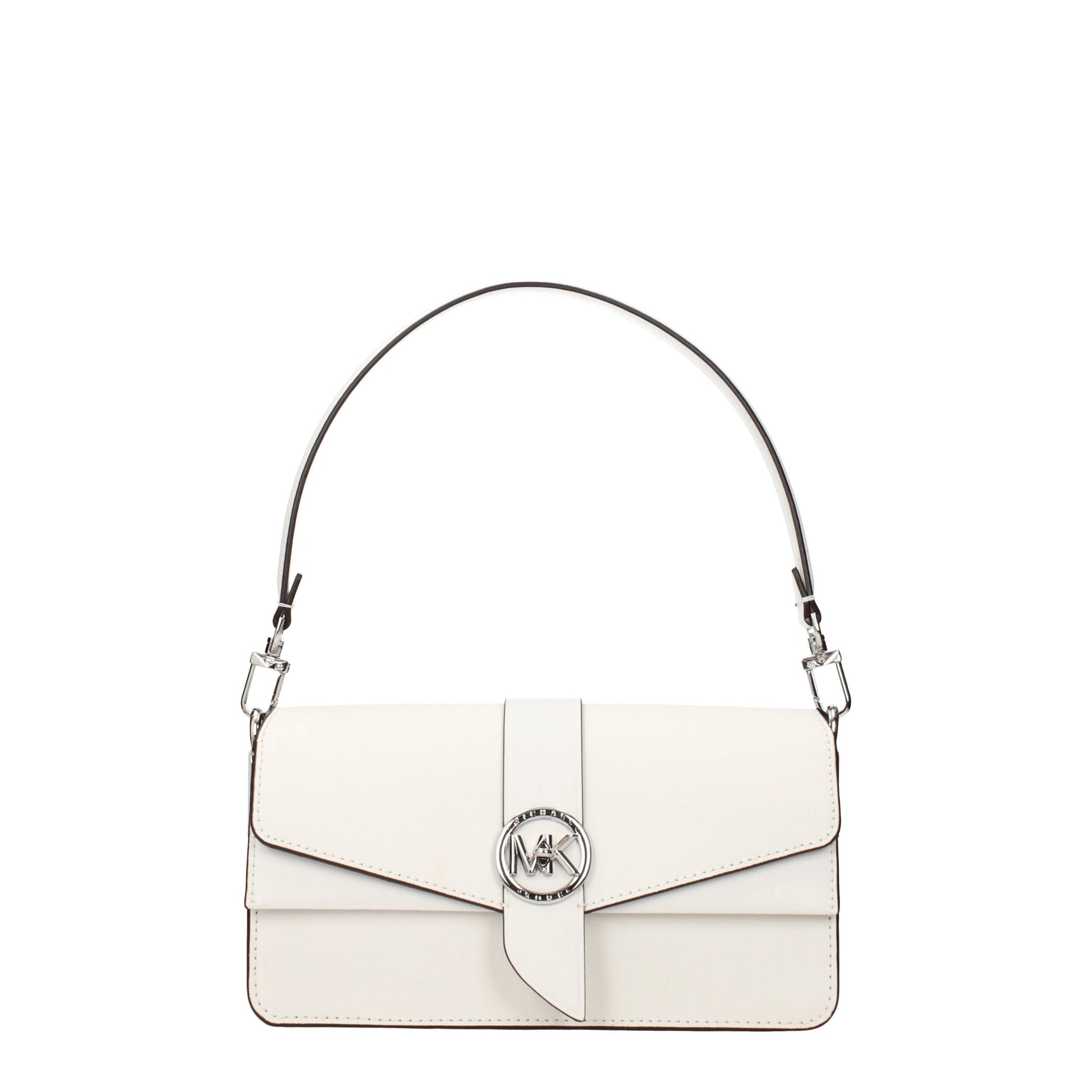 Medium Handbag by Michael Kors for women in leather silver & white presents a ornamental silhouette, showcasing a secure turn-lock, ample built-in-compartments, external-pockets & internal-pockets, and versatile shoulder-strap, adjustable-strap & handle for a ornamental finish.