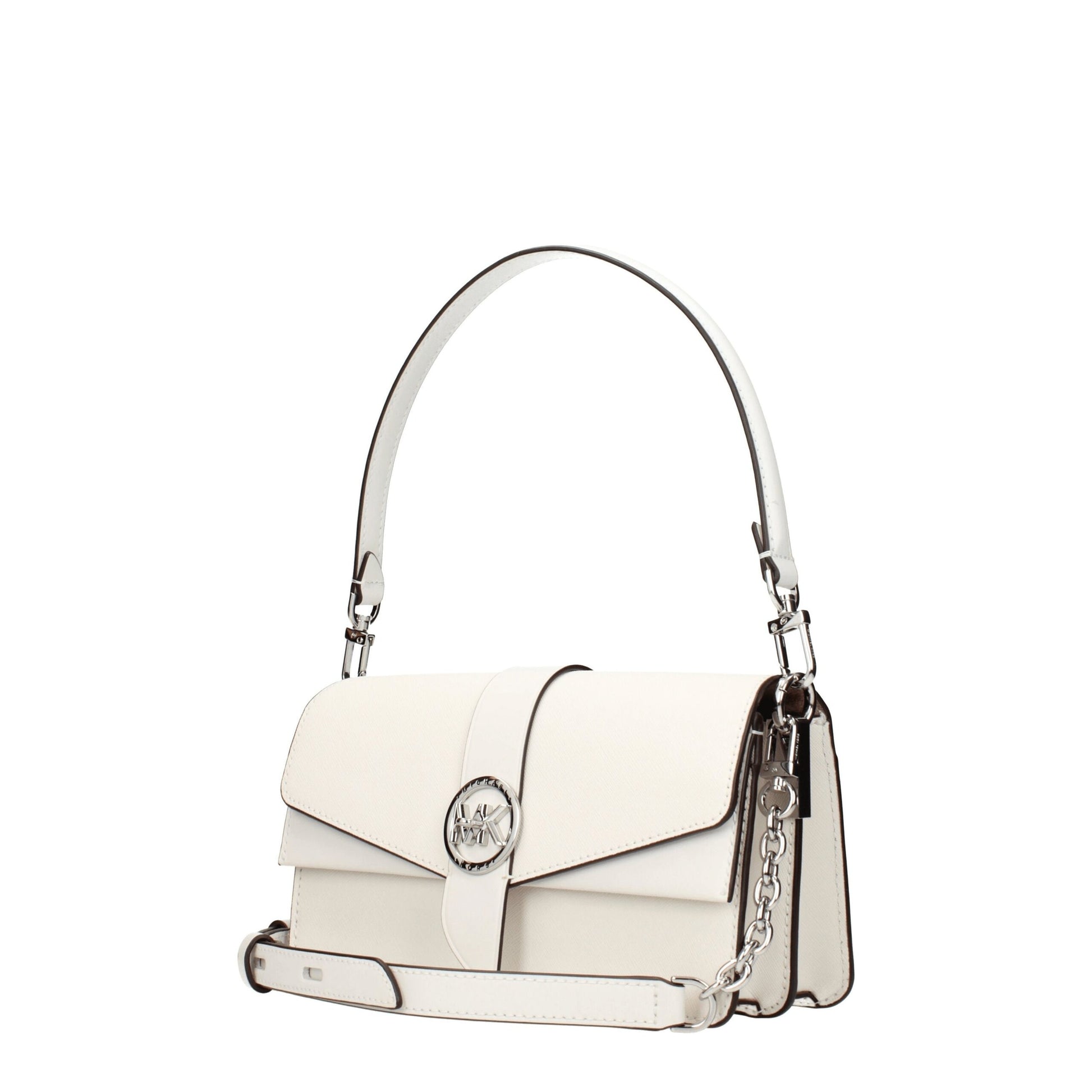 Medium Handbag by Michael Kors for women in leather silver & white features an refined silhouette, showcasing a secure turn-lock, ample built-in-compartments, external-pockets & internal-pockets, and versatile shoulder-strap, adjustable-strap & handle for a sophisticated refined aesthetic.