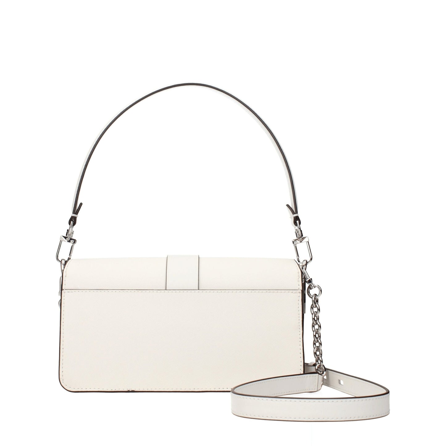 This Medium Handbag by Michael Kors for women in leather and silver & white presents a sculptural silhouette featuring a secure turn-lock, ample built-in-compartments, external-pockets & internal-pockets, and versatile shoulder-strap, adjustable-strap & handle for a sculptural finish.