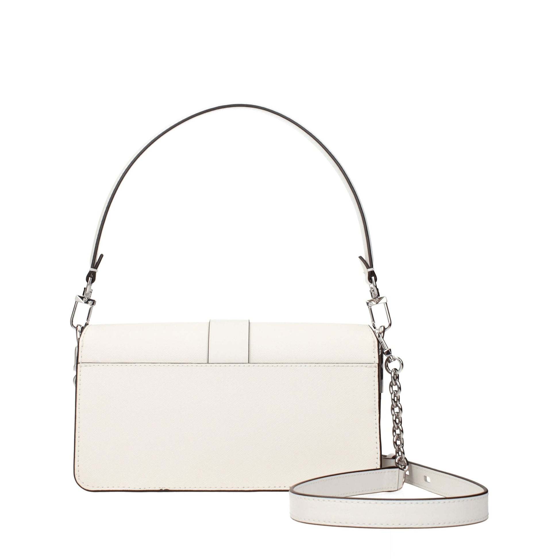 This Medium Handbag by Michael Kors for women in leather and silver & white presents a sculptural silhouette featuring a secure turn-lock, ample built-in-compartments, external-pockets & internal-pockets, and versatile shoulder-strap, adjustable-strap & handle for a sculptural finish.
