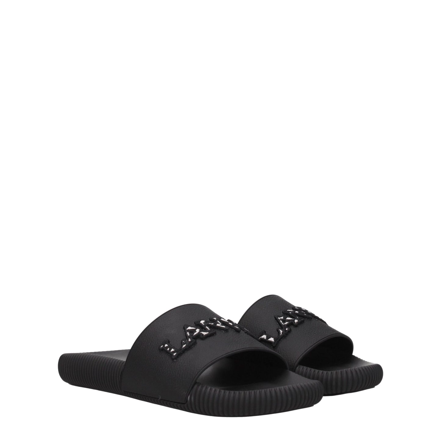 Flat Clogs Sandals by Lanvin for women in cotton & rubber black features an exquisite silhouette, showcasing the exquisite Women's Cotton & Rubber Flat Clogs Sandals with a flat and open toe style.