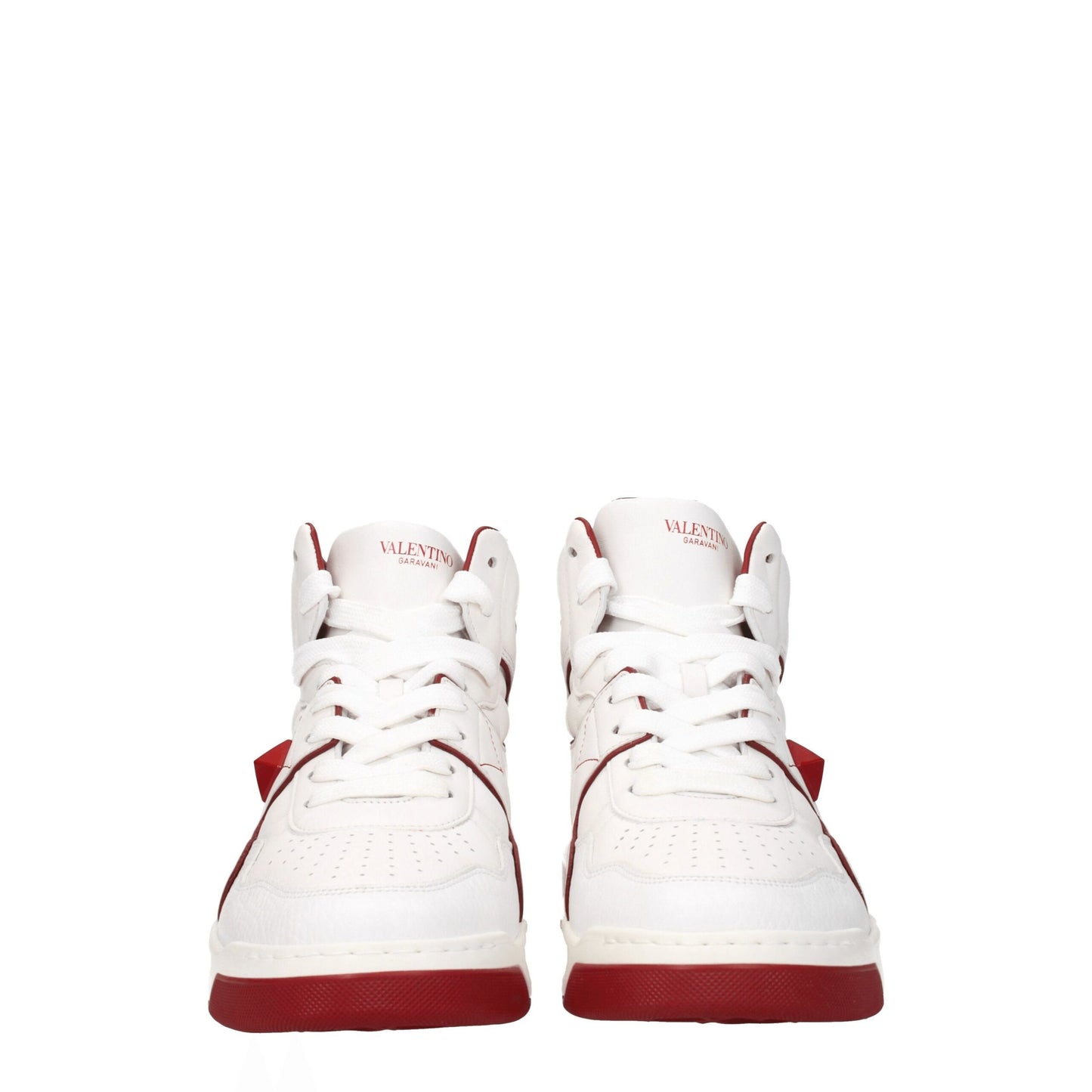 Sneakers by Valentino Garavani for men in leather & rubber red & white presents a impeccable silhouette as Men's High Top Leather & Rubber Sneakers, expertly defined by a impeccable high-top style for a impeccable, high-fashion look.